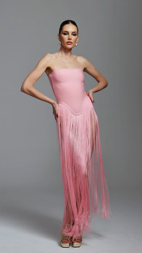 Arianna Pink Fringe Strapless Dress