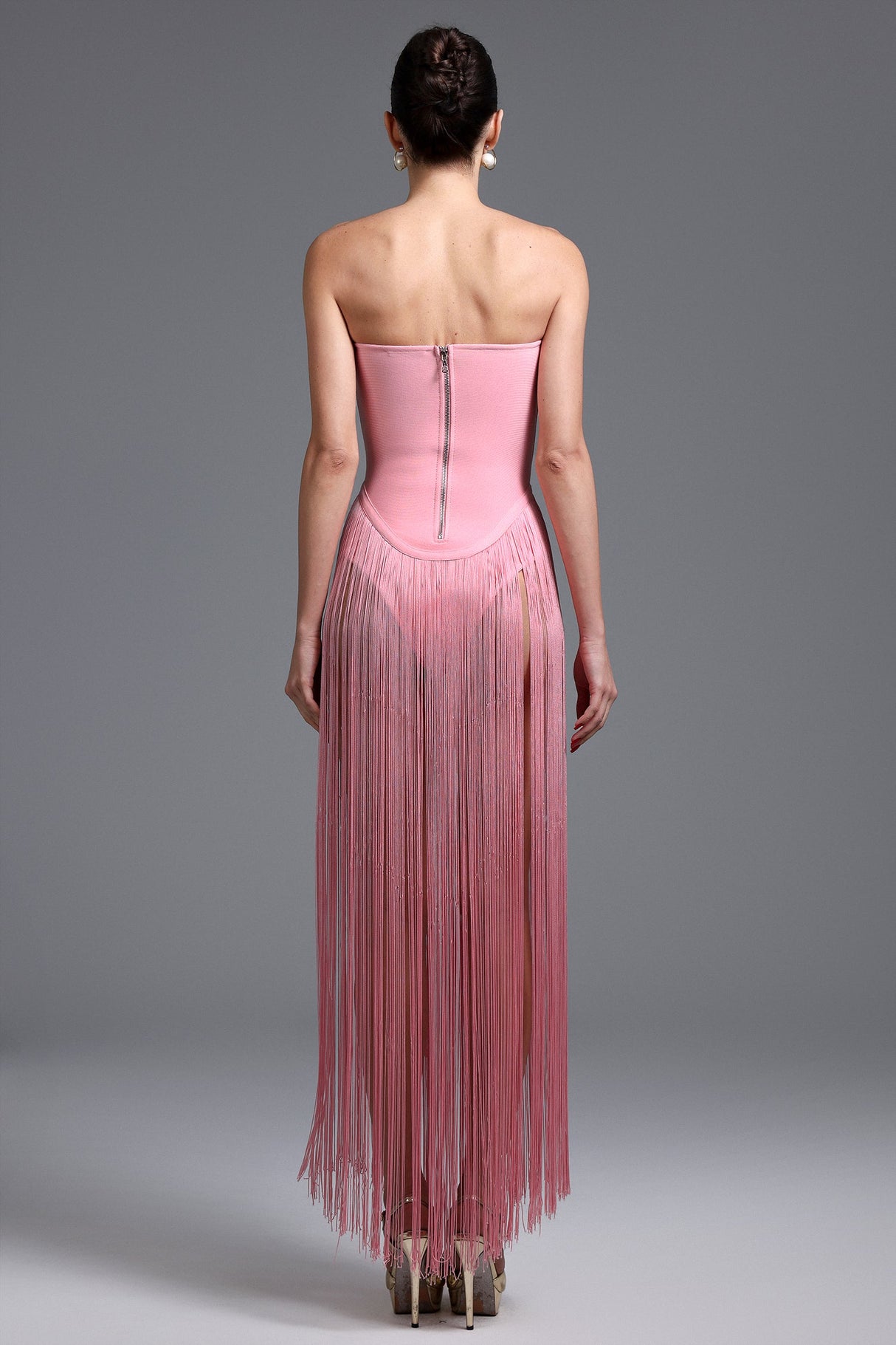 Arianna Pink Fringe Strapless Dress