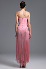 Arianna Pink Fringe Strapless Dress