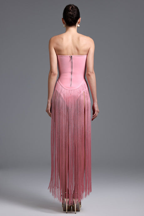 Arianna Pink Fringe Strapless Dress