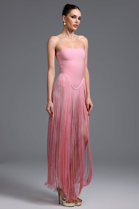 Arianna Pink Fringe Strapless Dress