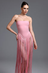 Arianna Pink Fringe Strapless Dress