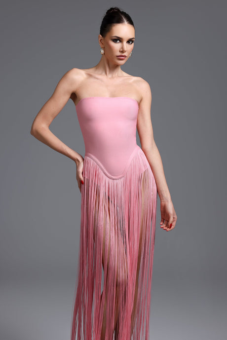 Arianna Pink Fringe Strapless Dress