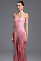 Arianna Pink Fringe Strapless Dress