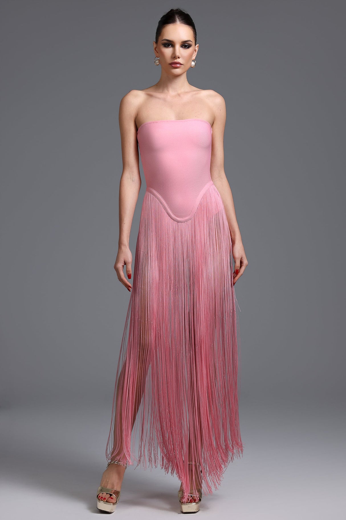 Arianna Pink Fringe Strapless Dress