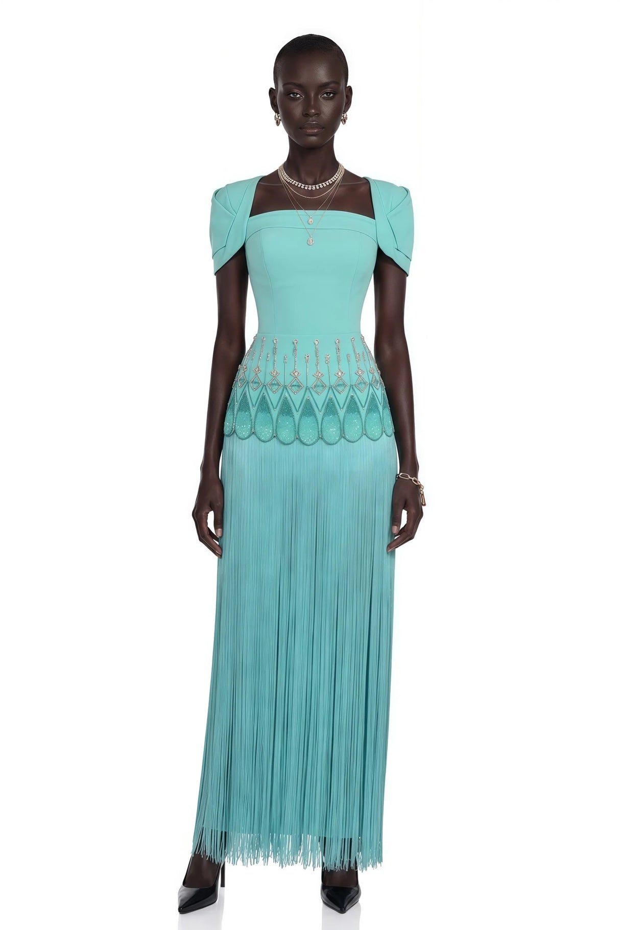 Arianwen Turquoise Embellished Fringe Maxi Dress