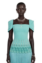 Arianwen Turquoise Embellished Fringe Maxi Dress
