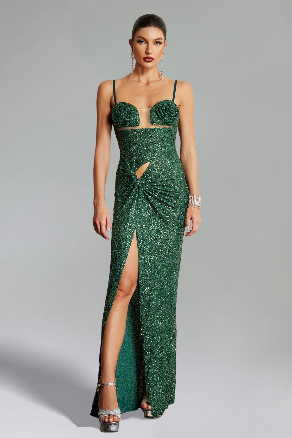 Ariella Green Maxi Dress with Cut-Out Design and Flower Detailing