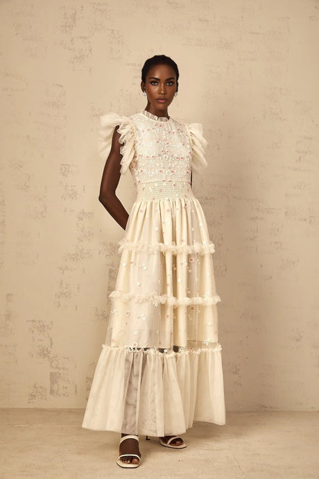 Ariella Maxi Dress White Floral Embroidered Tiered Tulle