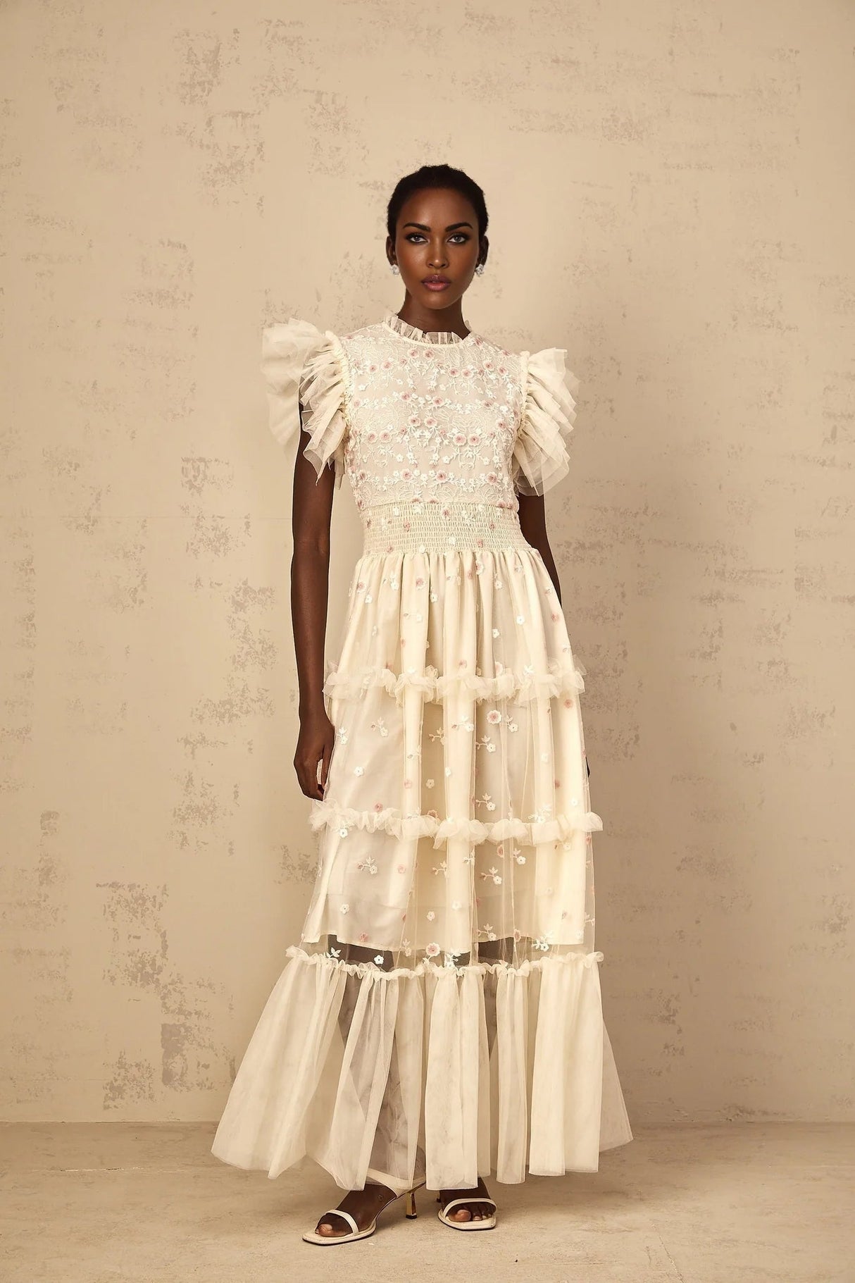 Ariella Maxi Dress White Floral Embroidered Tiered Tulle