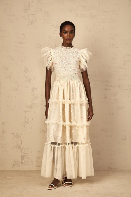 Ariella Maxi Dress White Floral Embroidered Tiered Tulle