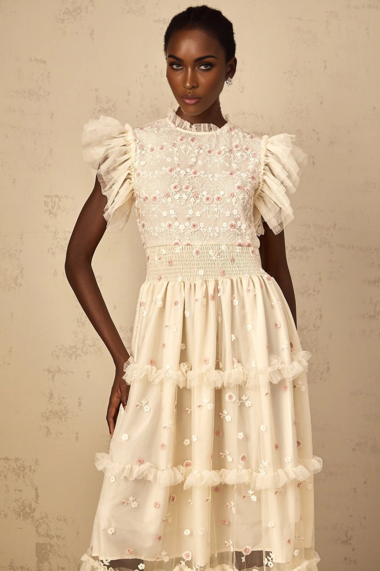 Ariella Maxi Dress White Floral Embroidered Tiered Tulle