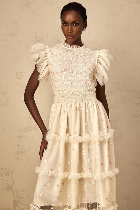 Ariella Maxi Dress White Floral Embroidered Tiered Tulle