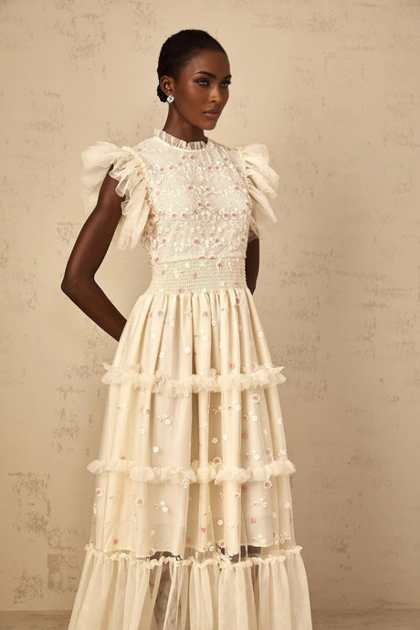 Ariella Maxi Dress White Floral Embroidered Tiered Tulle