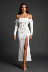 Ariella White Off-Shoulder Floral Appliqué Maxi Dress with Slit