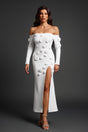 Ariella White Off-Shoulder Floral Appliqué Maxi Dress with Slit