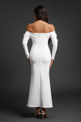 Ariella White Off-Shoulder Maxi Dress Floral Appliqué Slit Detail