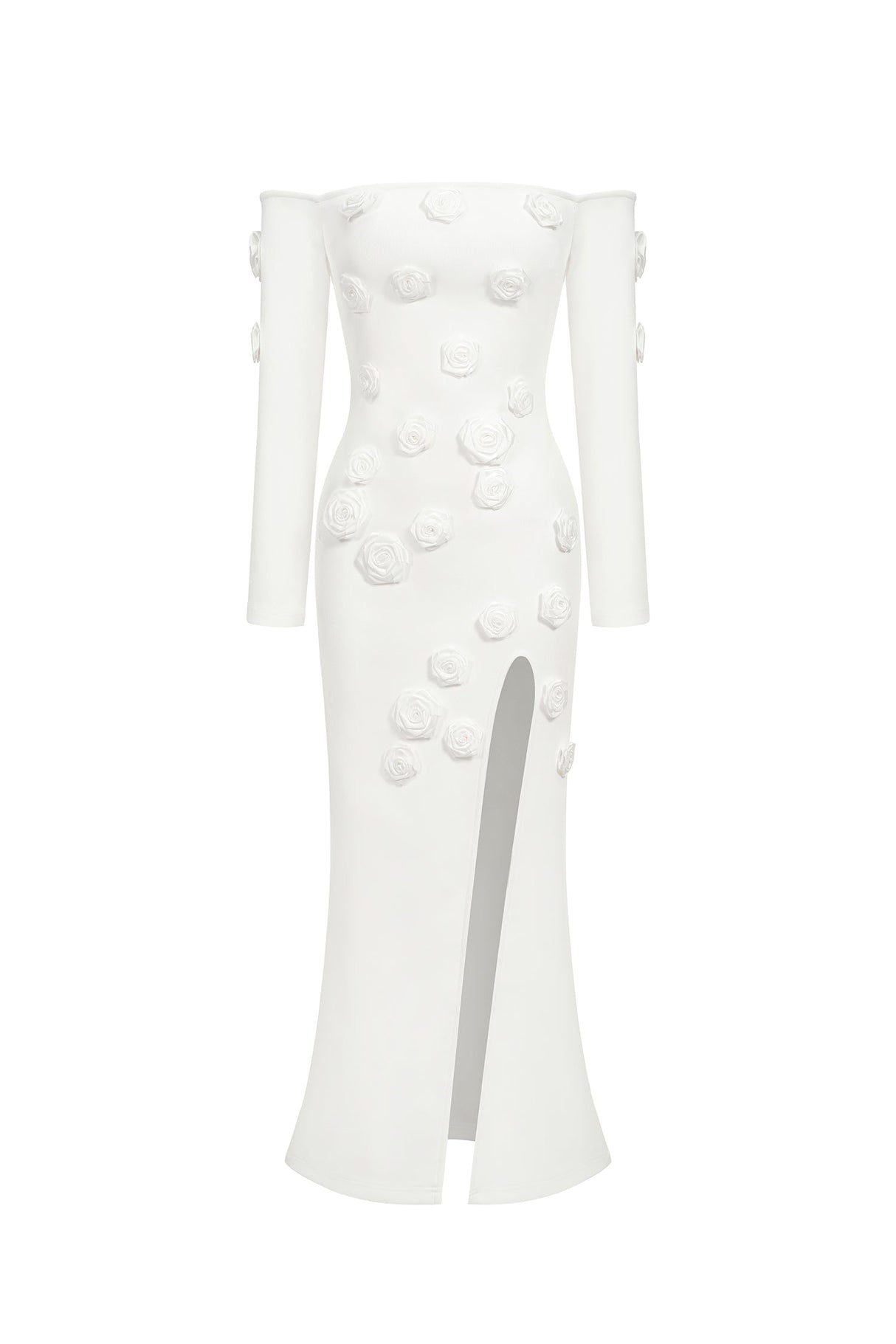 Ariella White Off-Shoulder Maxi Dress with Floral Appliqués and Slit