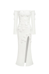 Ariella White Off-Shoulder Maxi Dress with Floral Appliqués and Slit