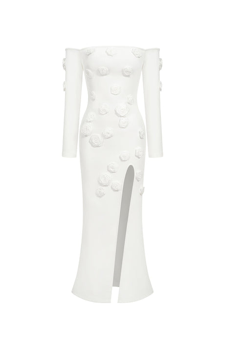 Ariella White Off-Shoulder Maxi Dress with Floral Appliqués and Slit