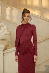 Arlette Red Asymmetrical Ruched Maxi Dress