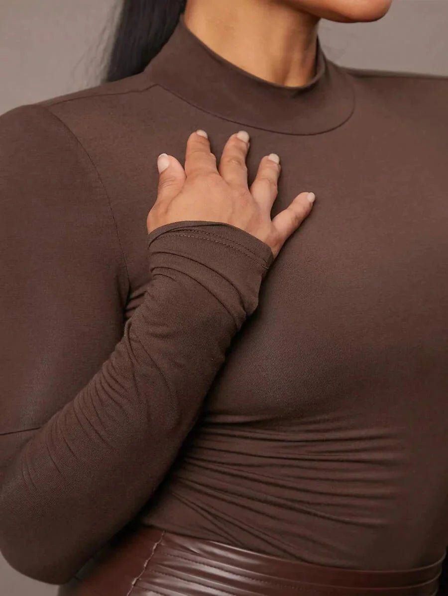 Armanda Bodysuit - Slim Fit - Casual Style - High Stretch Fabric Elasticity - Long Sleeve Length - Asymmetrical, Ruched - Stand Collar Neckline