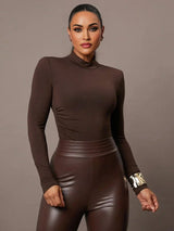 Armanda Bodysuit - Slim Fit - Casual Style - High Stretch Fabric Elasticity - Long Sleeve Length - Asymmetrical, Ruched - Stand Collar Neckline