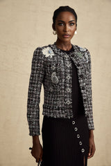 Armanda Jacket - Tweed Boucl Check Pattern - Rhinestone Embellishments - Cropped Style - Press - Stud Fastening