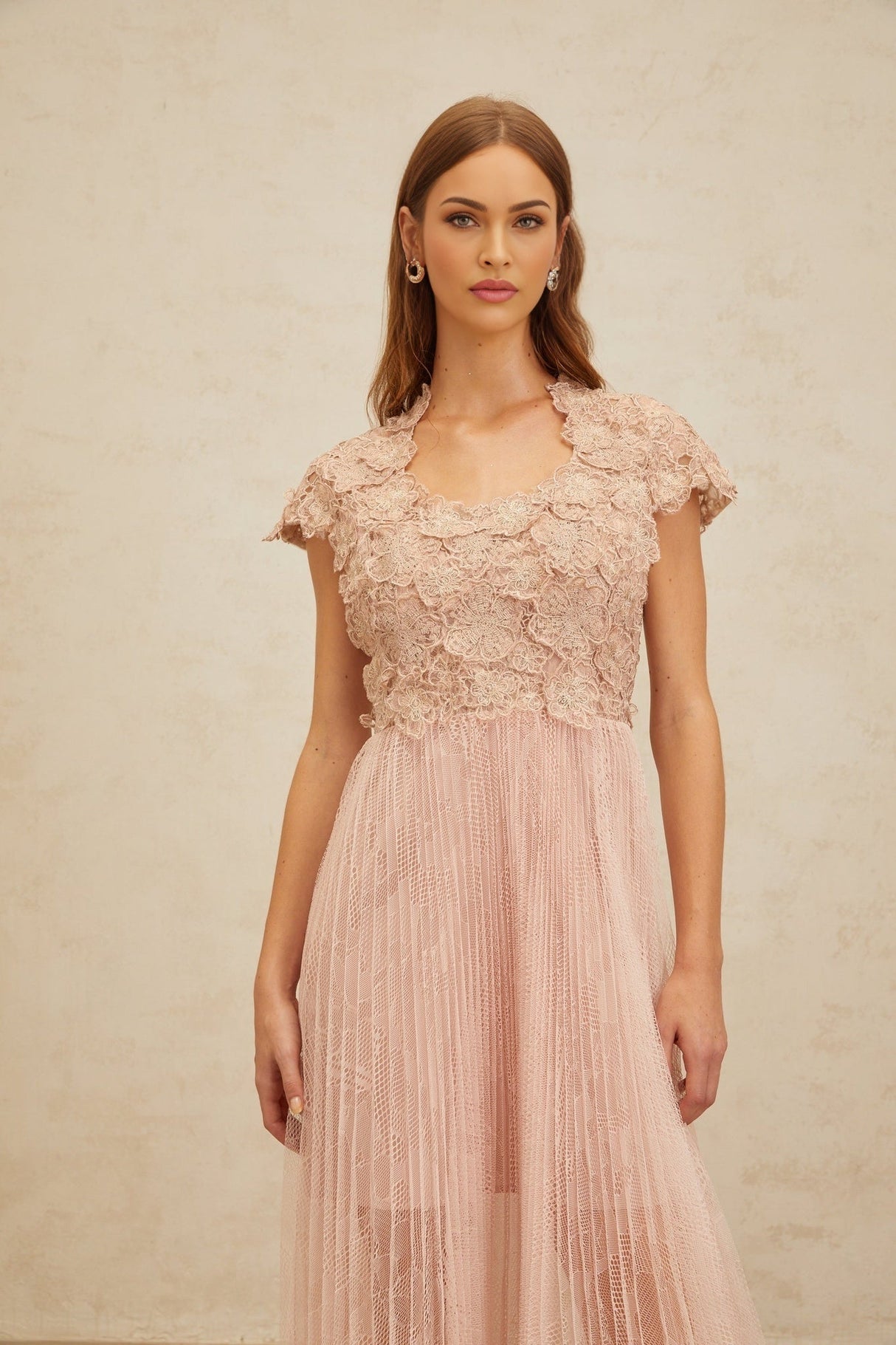 Armanda Midi Dress - Cap Sleeves - Cinched Waist - Panelled Design - Floral Embroidery - Metallic Threading