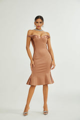 Armanda Off the Shoulder - Bustier Style - Waist Tightened - Satin Finish - Flared Hem - Midi Dress