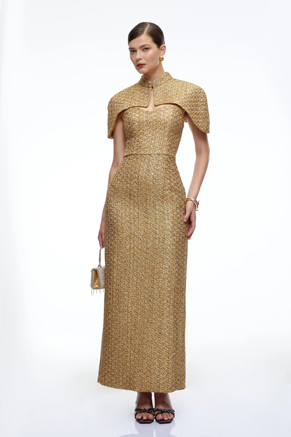 Arna Gold Sweetheart Neckline Tweed Maxi Dress with Cape