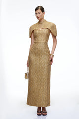 Arna Gold Sweetheart Neckline Tweed Maxi Dress with Cape