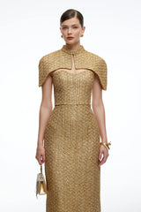 Arna Gold Sweetheart Neckline Tweed Maxi Dress with Cape