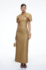 Arna Gold Sweetheart Neckline Tweed Maxi Dress with Cape