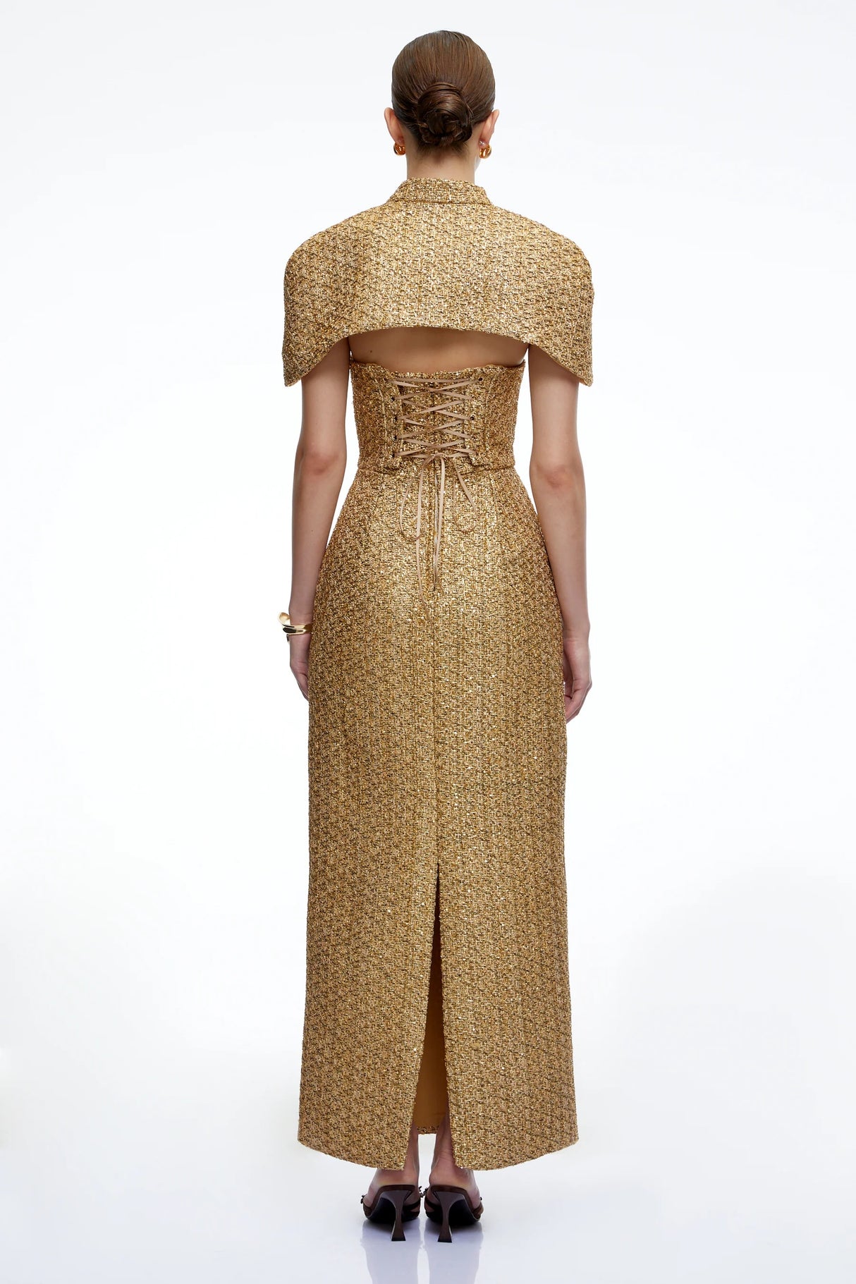 Arna Gold Sweetheart Neckline Tweed Maxi Dress with Cape