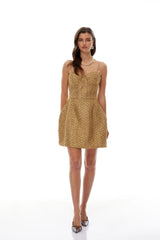 Arna Gold Sweetheart Neckline Tweed Mini Dress