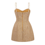 Arna Gold Sweetheart Neckline Tweed Mini Dress