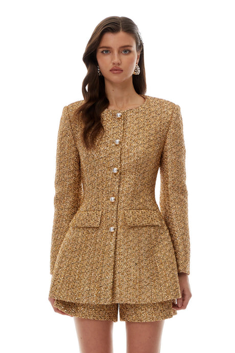 Arna Gold Tweed Mini Blazer Dress  Shorts Set