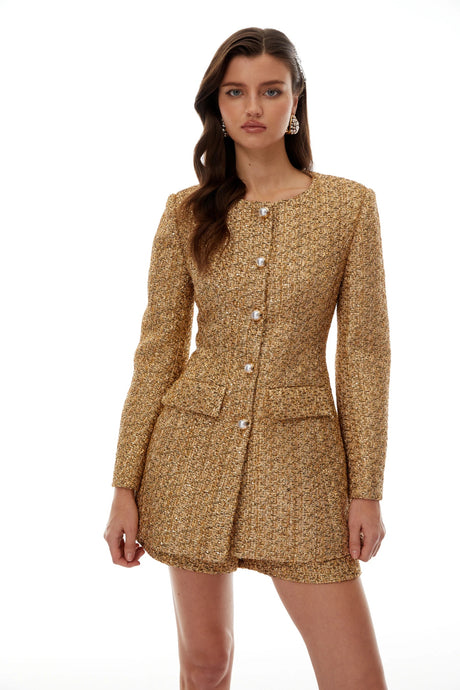 Arna Gold Tweed Mini Blazer Dress  Shorts Set