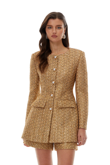 Arna Gold Tweed Mini Blazer Dress  Shorts Set