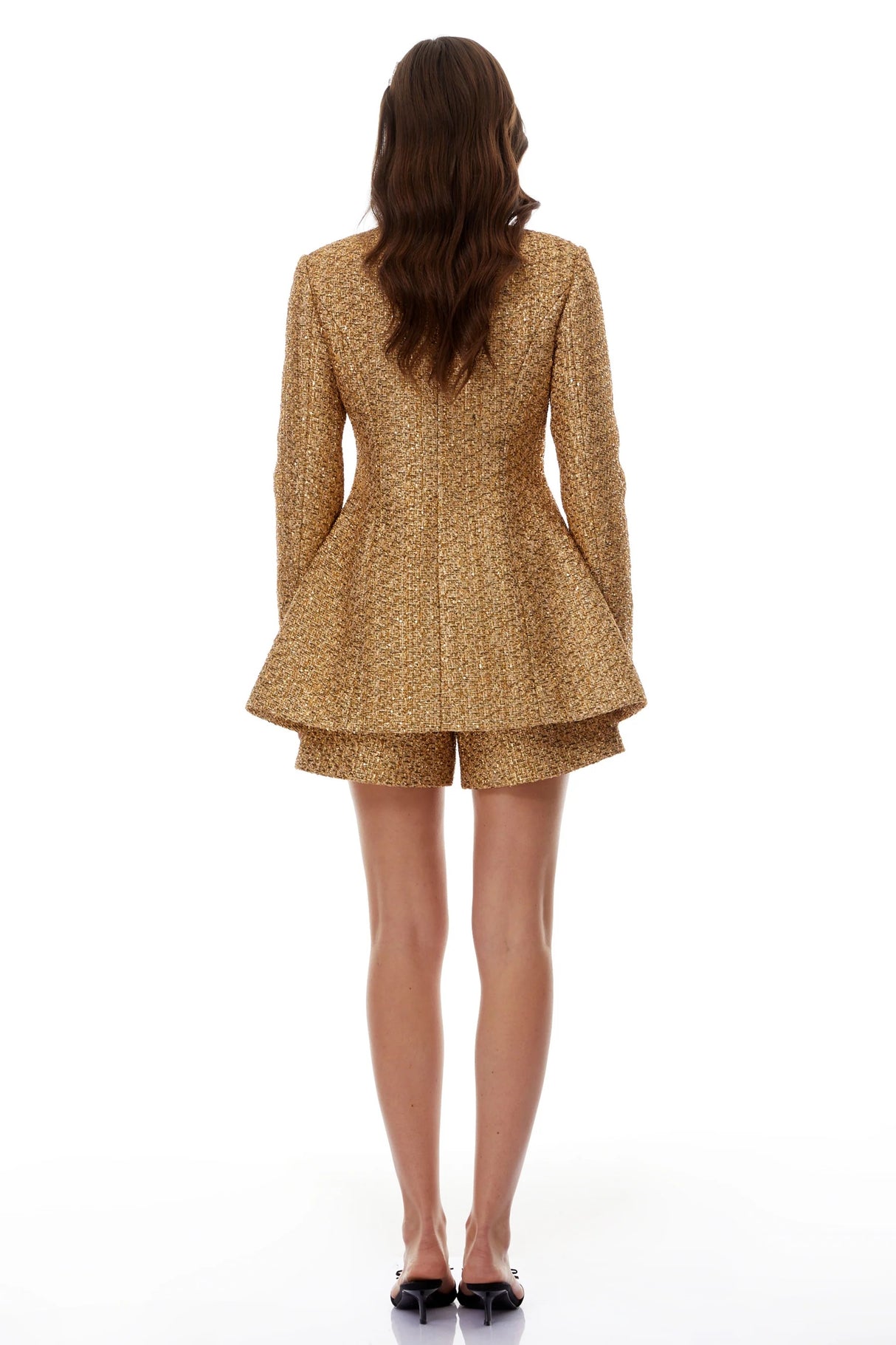 Arna Gold Tweed Mini Blazer Dress  Shorts Set