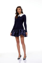 Aroa Navy Blue Satin Panel Knit Mini Dress