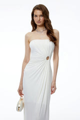 Aroha White Off Shoulder Ruched Maxi Dress
