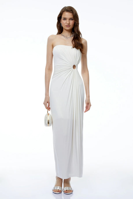 Aroha White Off Shoulder Ruched Maxi Dress