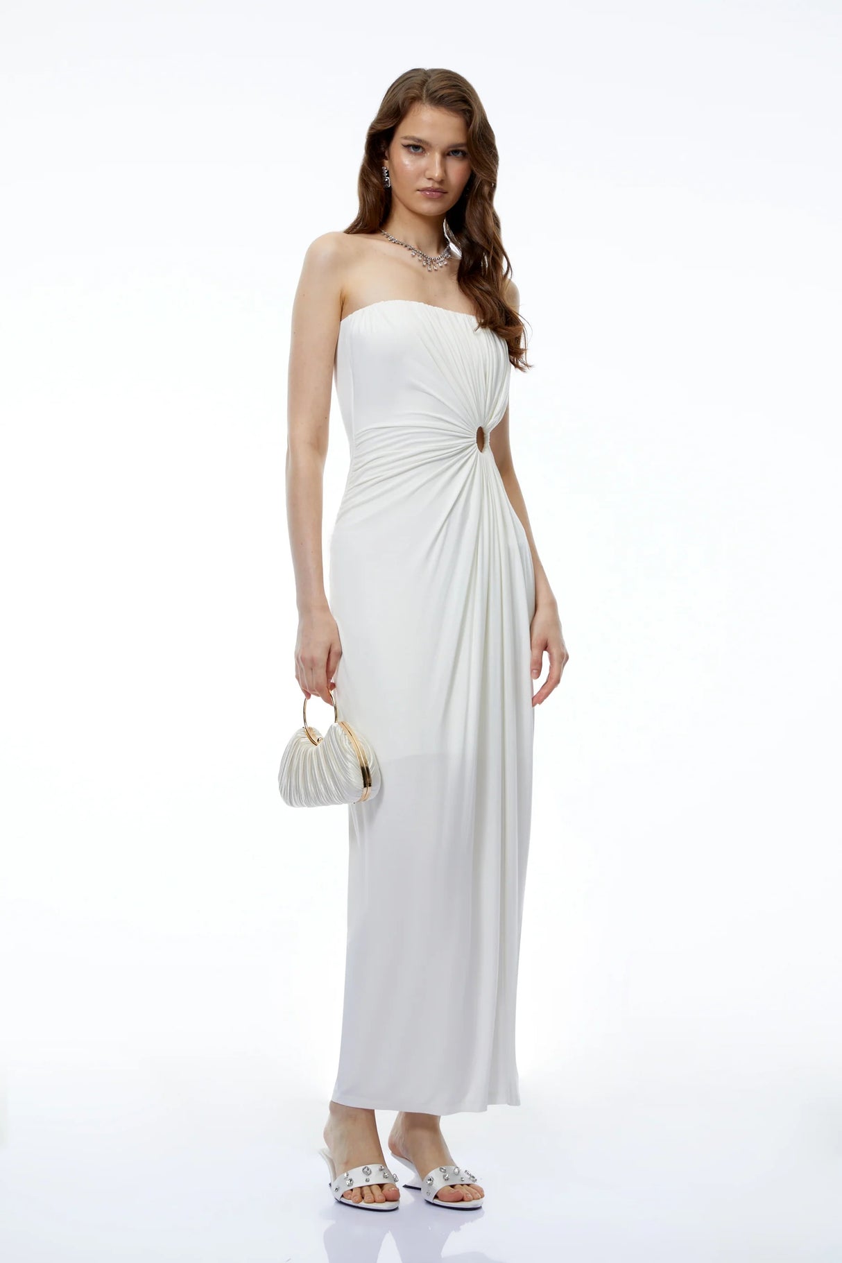 Aroha White Off Shoulder Ruched Maxi Dress