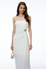 Aroha White Off Shoulder Ruched Maxi Dress