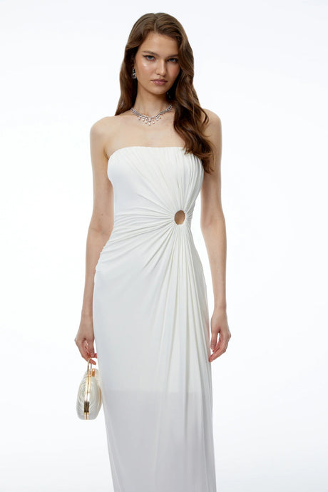 Aroha White Off Shoulder Ruched Maxi Dress