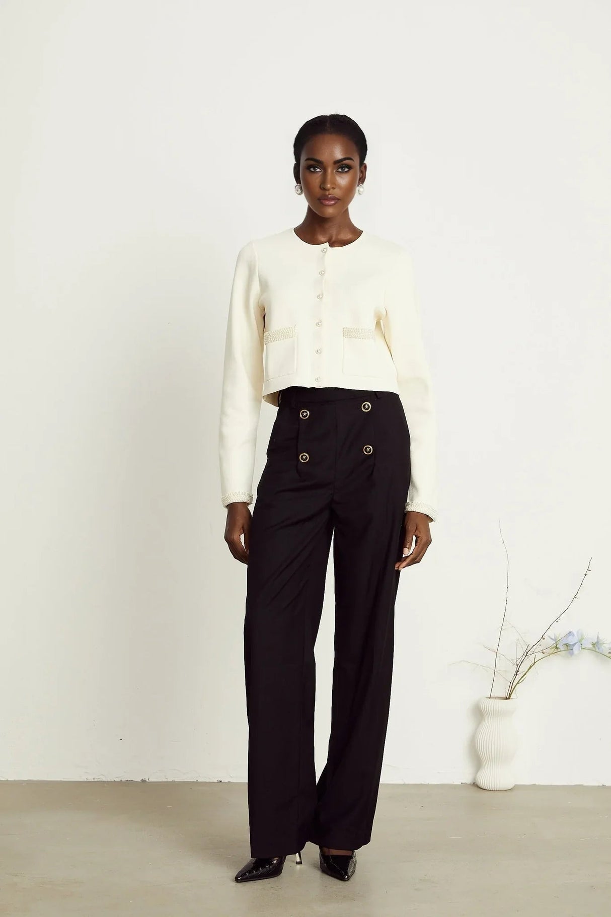 Artemide Cardigan - Faux - Pearl Embellishment - Front Button Fastening - Patch Pockets - Cropped