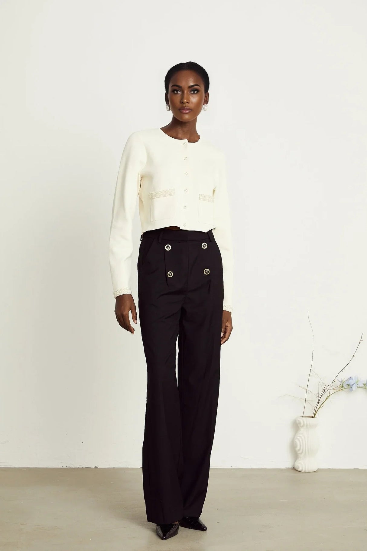 Artemide Cardigan - Faux - Pearl Embellishment - Front Button Fastening - Patch Pockets - Cropped