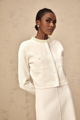 Artemide Cardigan - Round Neck - Long Sleeves - Knitted Construction - Faux - Pearl Embellishment - Button Fastening